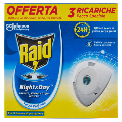 Raid Night & Day Zanzare, Zanzare Tigre, Mosche 3 Ricariche